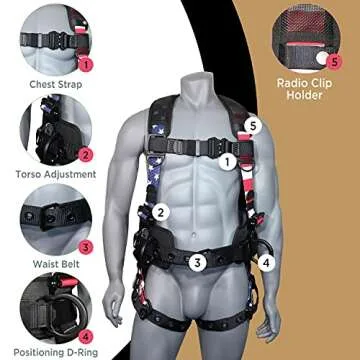 AFP Fall Protection Full-Body Premium American Flag Safety Harness, Vented & Padded Shoulder, Legs & Back, 8” Thick Back Support Belt, Aluminum D-Rings, Tongue Buckle, Quick Release (OSHA/ANSI PPE)