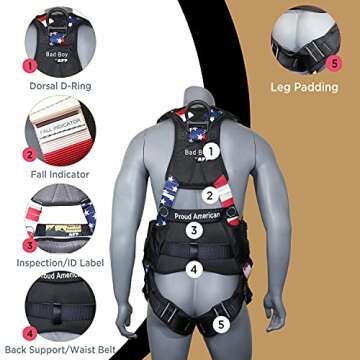 AFP Fall Protection Full-Body Premium American Flag Safety Harness, Vented & Padded Shoulder, Legs & Back, 8” Thick Back Support Belt, Aluminum D-Rings, Tongue Buckle, Quick Release (OSHA/ANSI PPE)