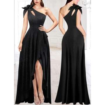 VFSHOW Womens 3D Flower One Shoulder Formal Wedding Guest Prom Maxi Dress 2023 Sexy Black Tie Evenin...