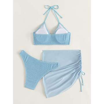 MakeMeChic Women's 3 Piece Bathing Suits Halter Ring Bikini Set with Cover Up Skirt Light Blue S