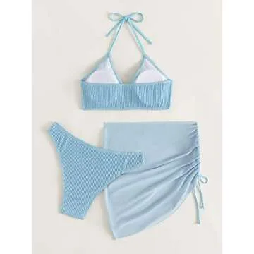 MakeMeChic Women's 3 Piece Bathing Suits Halter Ring Bikini Set with Cover Up Skirt Light Blue S