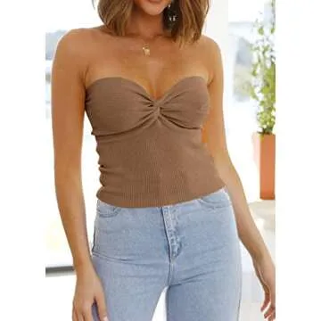 EFAN Womens Tube Tops Summer Crop Sweater Twist Knot Front Knit Bandeau Strapless Ribbed Sleeveless Y2K Corset Khaki L