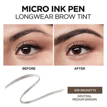 L’Oréal Paris Micro Ink Pen by Brow Stylist, Longwear Brow Tint, Hair-Like Effect, Up to 48HR Wear, Precision Comb Tip, Brunette, 0.033 fl; oz.