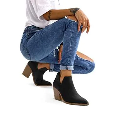 mysoft Women's Ankle Boots Slip on Cutout Pointed Toe Chunky Stacked Mid Heel Booties A18-22D-WLAX0405-8M