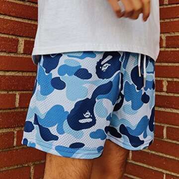 Happy Nostalgix Men's Graphic Print Athletic Workout Shorts in Ice Blue Camo