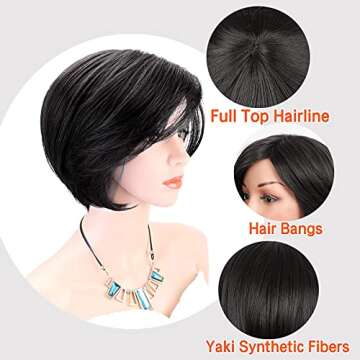 Kalyss Black Short Bob Yaki Synthetic Wigs for Women Heat Resistant Women's Wig with Hair Bangs