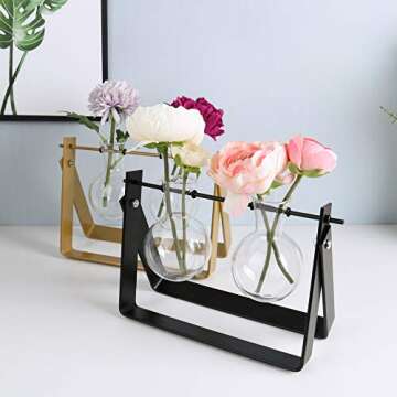 Ivolador Desktop Plant Terrarium Stand Modern Tabletop Glass Planter Flower Bulb Vase with Metal Swivel Holder (Black)