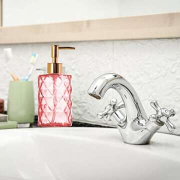 Glass Soap Dispenser,Crystal Refillable Wash Hand Liquid Clear Glass Bottle with Pump for Essential Oils, Lotions, Liquid Soaps,Dish Detergent (12 OZ Pink)