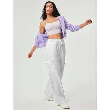 IUGA Fleece Cargo Sweatpants for Women Wide Leg Cargo Pants High Waisted Sweats Pants with Pockets Baggy Joggers Pants,Heather Cloud White,S