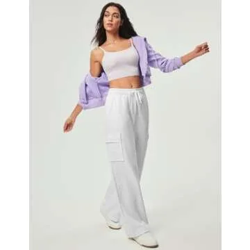 IUGA Fleece Cargo Sweatpants for Women Wide Leg Cargo Pants High Waisted Sweats Pants with Pockets Baggy Joggers Pants,Heather Cloud White,S