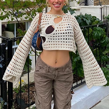Women Crochet Knit Crop Tops - Versatile Fall Sweater