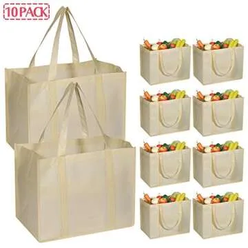 DIOMMELL 10 Pack Reusable Grocery Bags Extra Large Super Strong Heavy Duty Shopping Tote Bags with Reinforced Handles, Beige