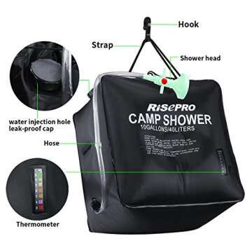RISEPRO 10 gallons/40L Solar Shower Bag Solar Heating Camping Shower Bag with Temperature Hot Water Outdoor Hiking Climbing XH07