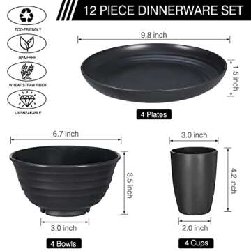 12pcs Plastic Wheat Straw Dinnerware Sets, Wheat Straw Plates and Bowls Sets for 4 College Dorm Room...