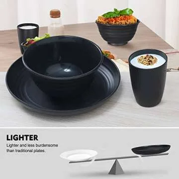 12pcs Plastic Wheat Straw Dinnerware Sets, Wheat Straw Plates and Bowls Sets for 4 College Dorm Room Essentials Microwave Dishwasher Safe (Black)