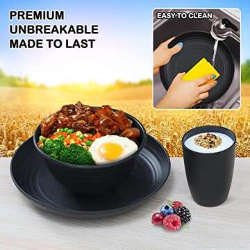 12pcs Plastic Wheat Straw Dinnerware Sets, Wheat Straw Plates and Bowls Sets for 4 College Dorm Room Essentials Microwave Dishwasher Safe (Black)