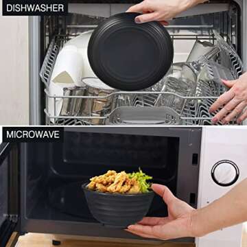 12pcs Plastic Wheat Straw Dinnerware Sets, Wheat Straw Plates and Bowls Sets for 4 College Dorm Room Essentials Microwave Dishwasher Safe (Black)