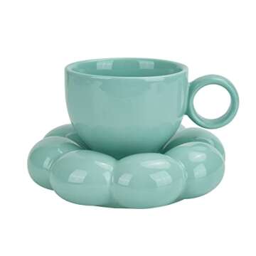 Koythin Ceramic Coffee Mug with Saucer Set, Creative Cute Cup with Sunflower Coaster for Office and Home, Dishwasher and Microwave Safe, 6.5 oz/200 ml for Tea Latte Milk (Blue-green)