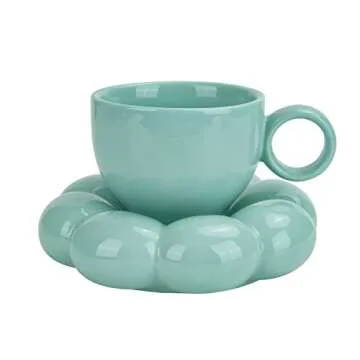 Koythin Ceramic Coffee Mug with Saucer Set, Creative Cute Cup with Sunflower Coaster for Office and Home, Dishwasher and Microwave Safe, 6.5 oz/200 ml for Tea Latte Milk (Blue-green)