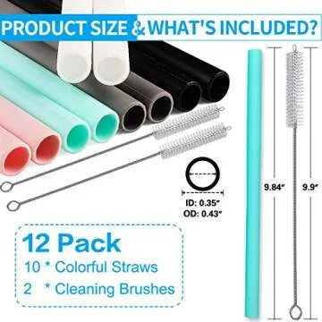 Silicone Straws Set of 10 Straight Smoothies Straws Large Silicon Reusable Drinking Straws with Clea...