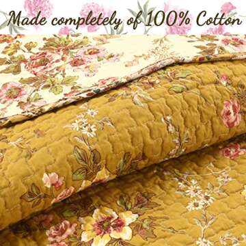 Cozy Line Home Fashions Perry Mustard Yellow Floral Blooming Flower Printed 100% Cotton Vintage Quilt Bedding Set Reversible Coverlet Bedspread (Camellia, King - 3 Piece)