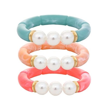 MythDone Chunky Bamboo Tube Bracelets Colorful Curved Resin Stretch Bracelet Gold Stacking Bangles A...