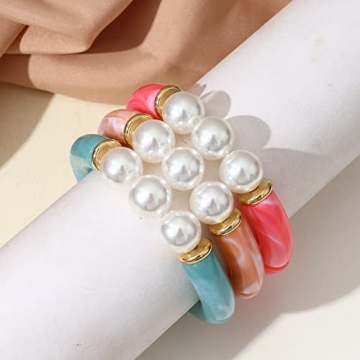 MythDone Chunky Bamboo Tube Bracelets Colorful Curved Resin Stretch Bracelet Gold Stacking Bangles Acrylic Beads Stretchable Friendship Bracelets for Women (3pcs pearl style)