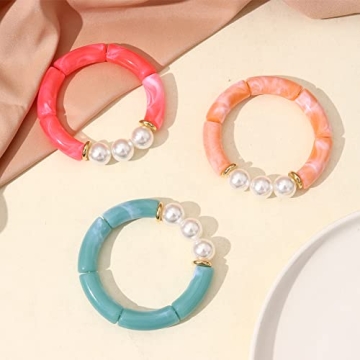 MythDone Chunky Bamboo Tube Bracelets Colorful Curved Resin Stretch Bracelet Gold Stacking Bangles Acrylic Beads Stretchable Friendship Bracelets for Women (3pcs pearl style)
