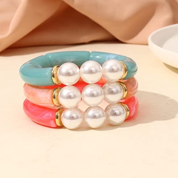 MythDone Chunky Bamboo Tube Bracelets Colorful Curved Resin Stretch Bracelet Gold Stacking Bangles Acrylic Beads Stretchable Friendship Bracelets for Women (3pcs pearl style)