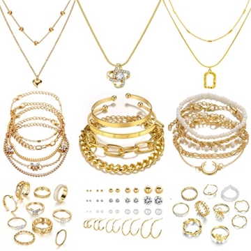 IFKM Gold Plated Jewelry Set with 5 PCS Necklace, 14 PCS Bracelet, 20 Pairs Earring, 20 PCS Knuckle ...