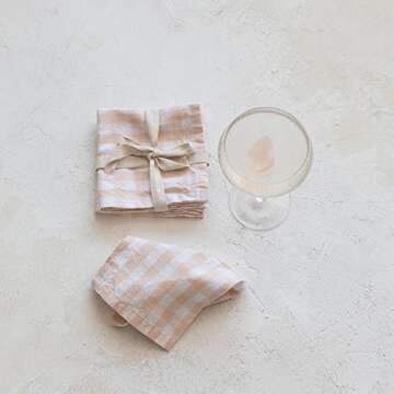 Creative Co-Op Cotton Gingham, Set of 4, Peach and White Napkin, Pink
