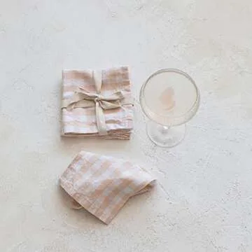 Creative Co-Op Cotton Gingham, Set of 4, Peach and White Napkin, Pink