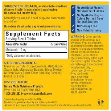Nature Made Fast Dissolve Melatonin 10mg, Maximum Strength 100% Drug Free Sleep Aid for Adults, 45 Tablets, 45 Day Supply