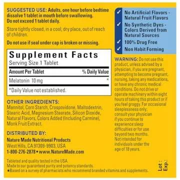 Nature Made Fast Dissolve Melatonin 10mg, Maximum Strength 100% Drug Free Sleep Aid for Adults, 45 Tablets, 45 Day Supply