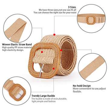 4 Pack Woven Straw Raffia Belts for Women Dress Elastic Stretch Rattan Waist Wide Band