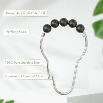 Amazer Black Shower Curtain Hooks, Decorative Rust Proof Acrylic Balls Shower Curtain Hooks, Stainless Steel Shower Hooks for Shower Curtain Bathroom Shower Hooks-Set of 12