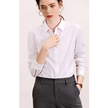 Women's Basic Long Sleeve Button Down Shirt Work Wear (L, 680 White)