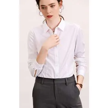 Women's Basic Long Sleeve Button Down Shirt Work Wear (L, 680 White)