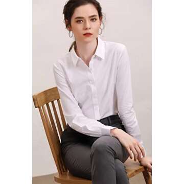 Women's Basic Long Sleeve Button Down Shirt Work Wear (L, 680 White)