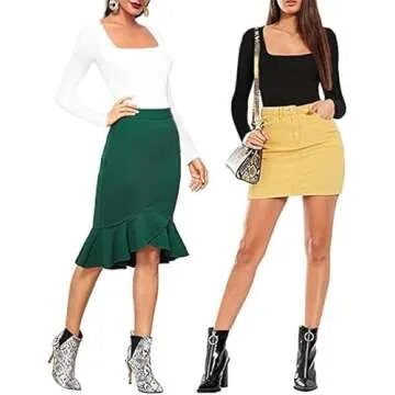 OQQ Women's 2 Piece Bodysuits Sexy Ribbed One Piece Square Neck Long Sleeve Tops Black White