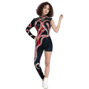 SHENGXIFU Women's Red Snake Outfit Costume Sparkly Jumpsuit Stage Bodysuit Singer Reputation Concert Cosplay 3D Pinted Halloween Party for Adult