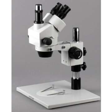 AmScope SM-1TZ Professional Trinocular Stereo Zoom Microscope, WH10x Eyepieces, 3.5X-90X Magnification, 0.7X-4.5X Zoom Objective, Ambient Lighting, Large Pillar-Style Table Stand, Includes 0.5X and 2.0X Barlow Lenses