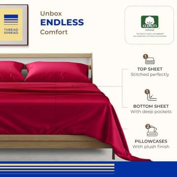 THREAD SPREAD 100% Egyptian Cotton Sheets Set Queen - 1000 High Thread Count, Luxury 5-Star Hotel 4 PC Sateen Bed Sheets Queen Size, Soft, Breathable Extra Long Staple 16" Deep Pocket Sheets - Red