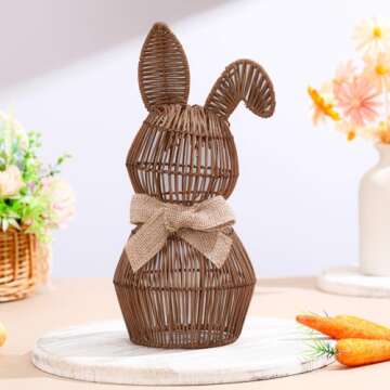Thiccywoov Rattan Bunny with Bow Easter Decor 12" Table Rabbit Easter Decorations Spring Bunnies Decoration Statue Figurine Rattan Bunny Decor for Home Farmhouse Table Kitchen