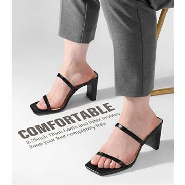 Leevar Square Toe Heels Sandals - White Black Nude Heels Chunky Two Strap Low Heels for Women Leather Mule Sandals Slip On Block Heels for Party Dating Daily Standard Size 2.75 Inch