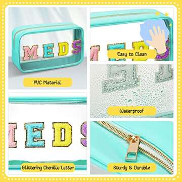 Geetery Chenille Letter Bag Nylon Makeup Bag Portable Bag Makeup Cases Preppy Patch Makeup Bag with Zipper Cosmetic Toiletry Storage Bag for Women(Green,Cute MEDS)