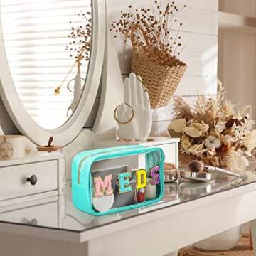 Geetery Chenille Letter Bag Nylon Makeup Bag Portable Bag Makeup Cases Preppy Patch Makeup Bag with Zipper Cosmetic Toiletry Storage Bag for Women(Green,Cute MEDS)