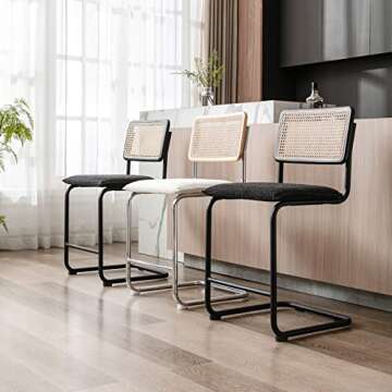 ONEVOG Boucle Rattan Bar Stool Set of 2, 23 Inch Counter Seats, Wood Frame Counter Height Chairs with Natural Cane Back, Island Kitchen Chairs, Beige Upholstered Stools, Cantilevered Design