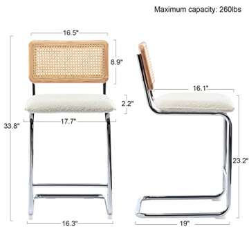 ONEVOG Boucle Rattan Bar Stool Set of 2, 23 Inch Counter Seats, Wood Frame Counter Height Chairs with Natural Cane Back, Island Kitchen Chairs, Beige Upholstered Stools, Cantilevered Design