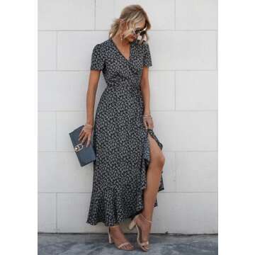 PRETTYGARDEN Women's Summer Wrap Maxi Dress Casual Boho Floral V Neck Short Sleeve Ruffle Hem Split Beach Long Dresses